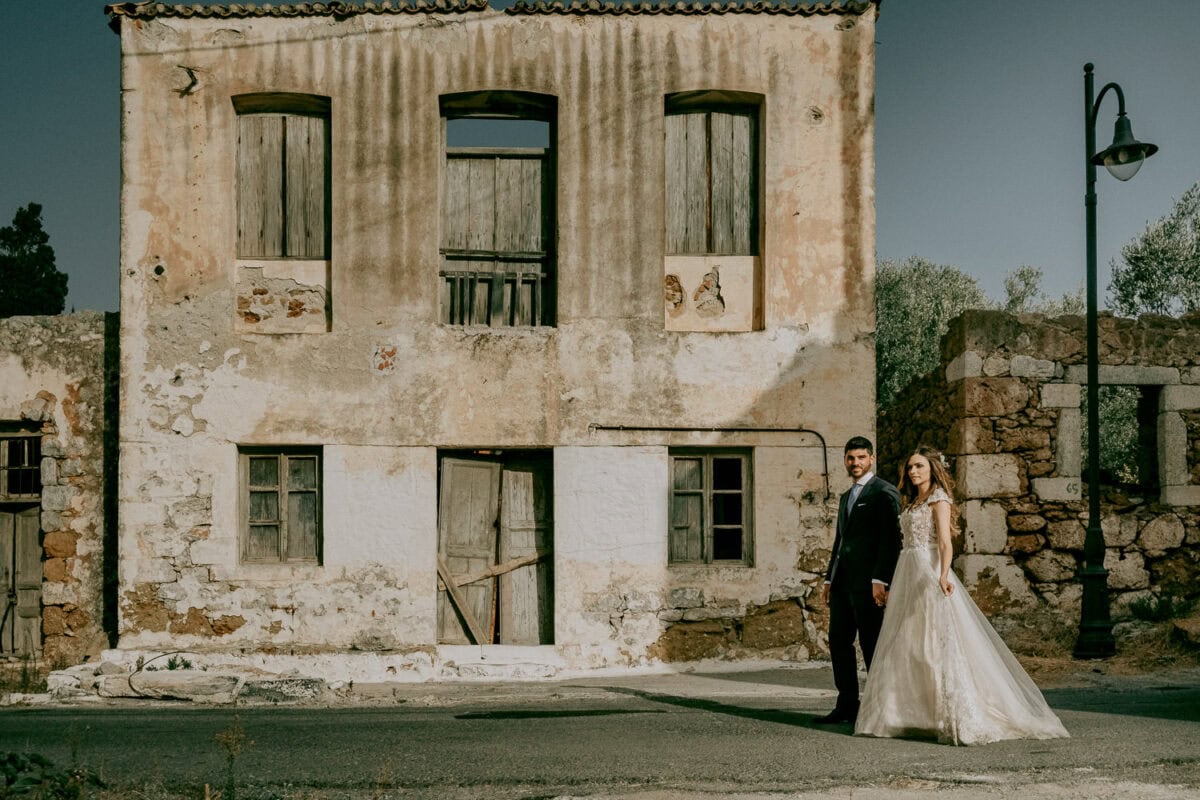 Bride and groom among the stone villages of Gerolimenas , Mani
