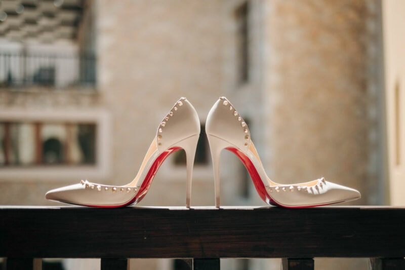 Bridal shoes during wedding preparations at Costa Navarino