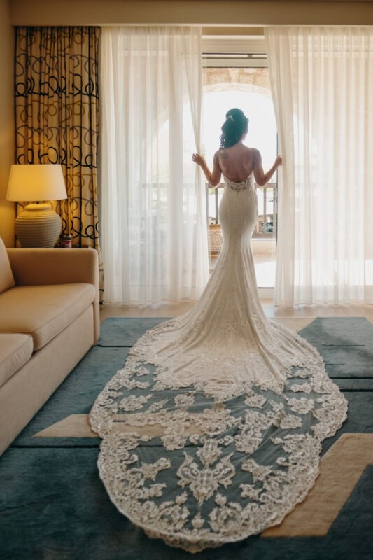 Bride in her wedding dress during preparations at Costa Navarino