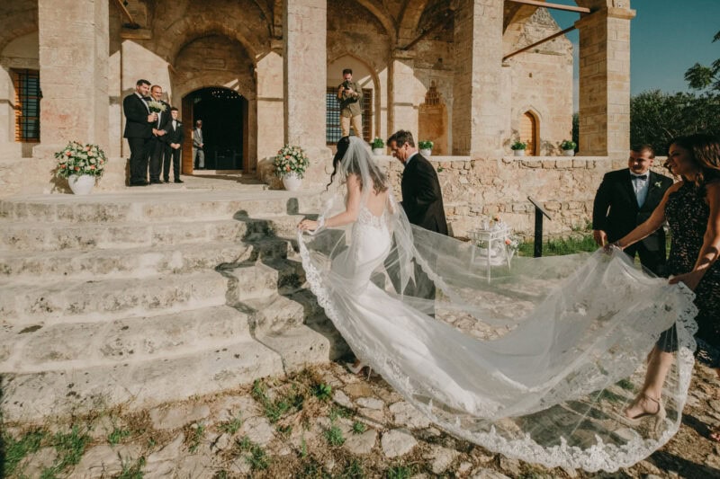 Bride arriving at the church inside Niokastro for her wedding ceremony