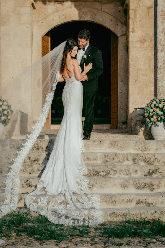 Bride and groom outside the church at Niokastro in Pylos