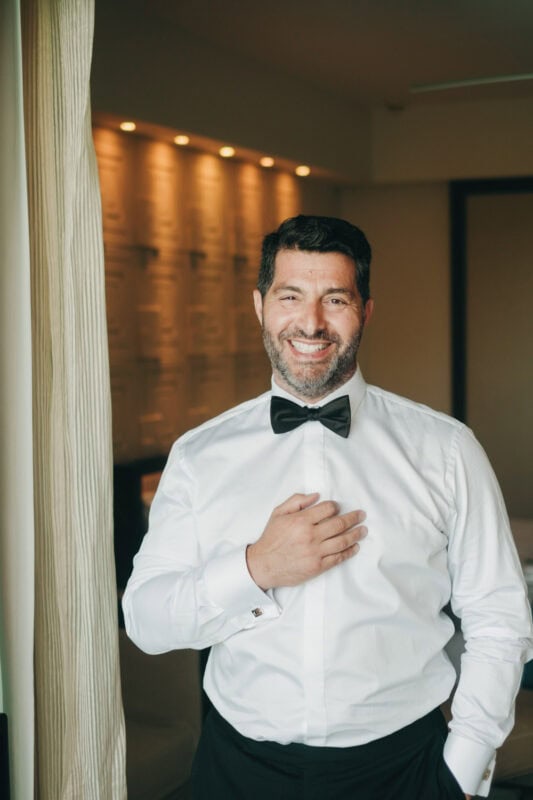 Groom portrait during wedding preparations at Costa Navarino