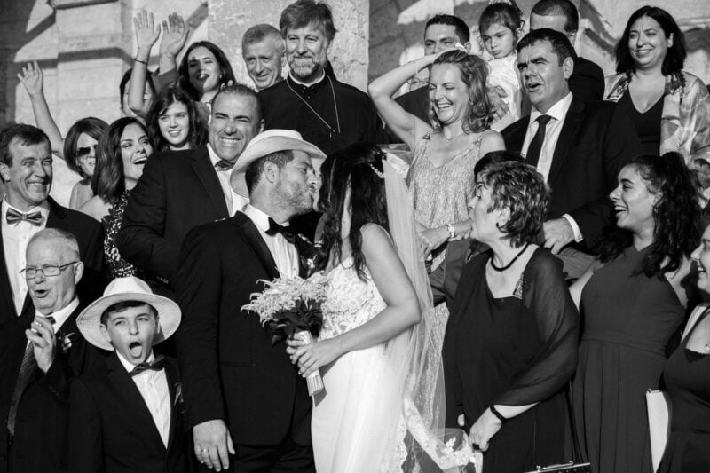 Charles and Miglena celebrating with their wedding guests at Niokastro