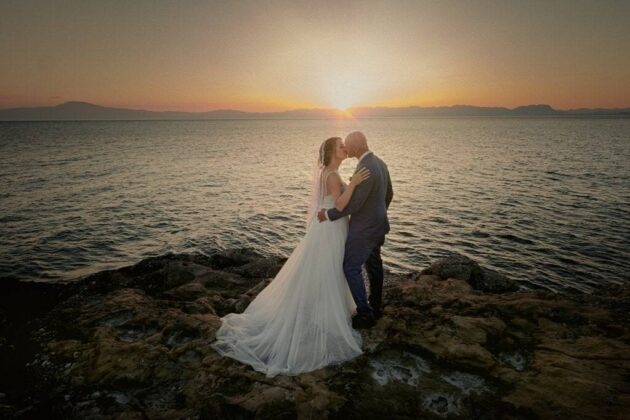 Sunset wedding portraits at Akrotiri Venue in Kalamata