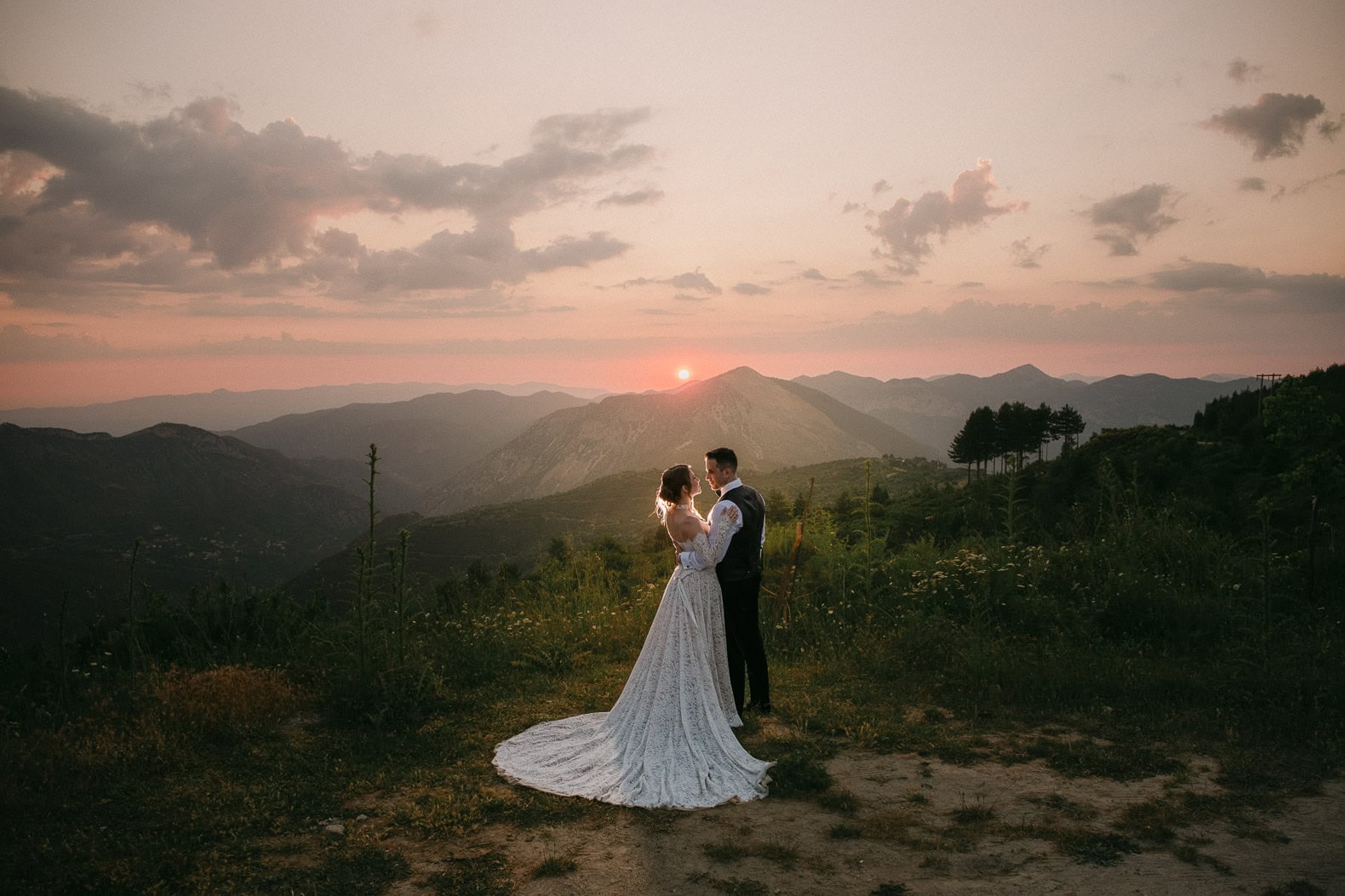 Wedding couple at sunset on Mount Taygetus in the Peloponnese