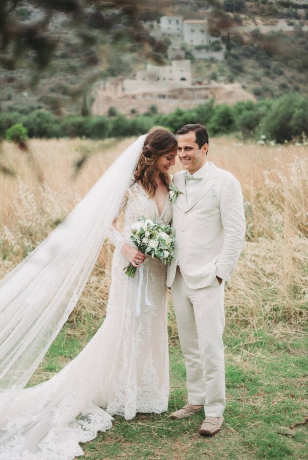 Bride and groom at their wedding in Oitylo, Mani, Greece