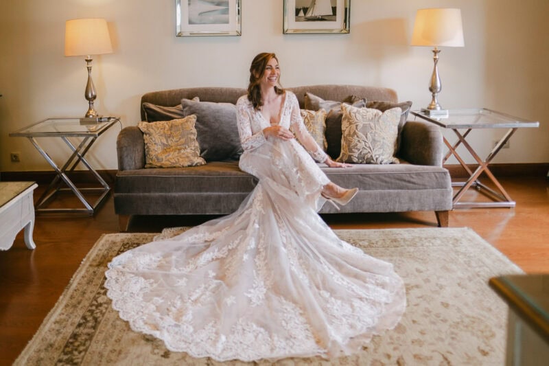 Bride in her wedding dress during bridal preparations in Mani