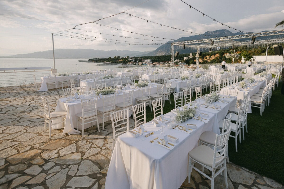 Elegant seaside wedding reception at Akrotiri Venue Kalamata