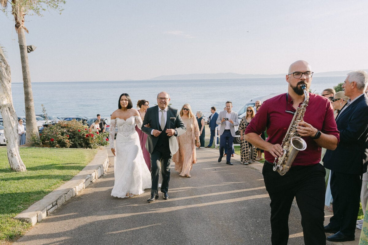 Bride arriving for her wedding ceremony in Kalamata