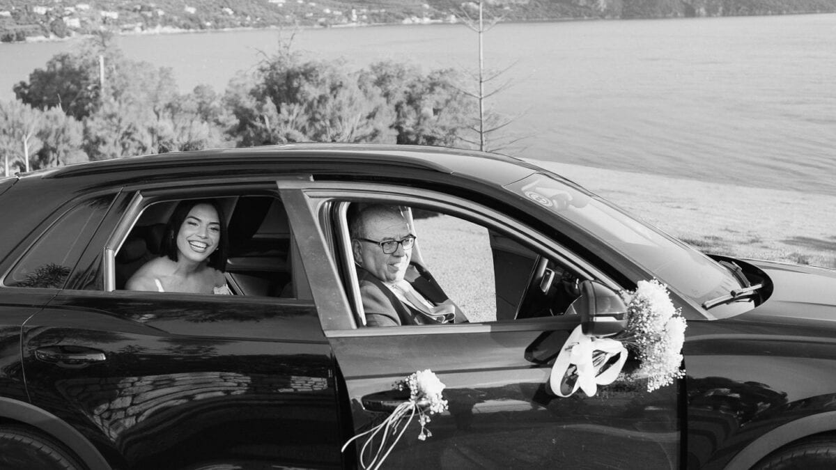 Bride arriving for her wedding ceremony in Kalamata