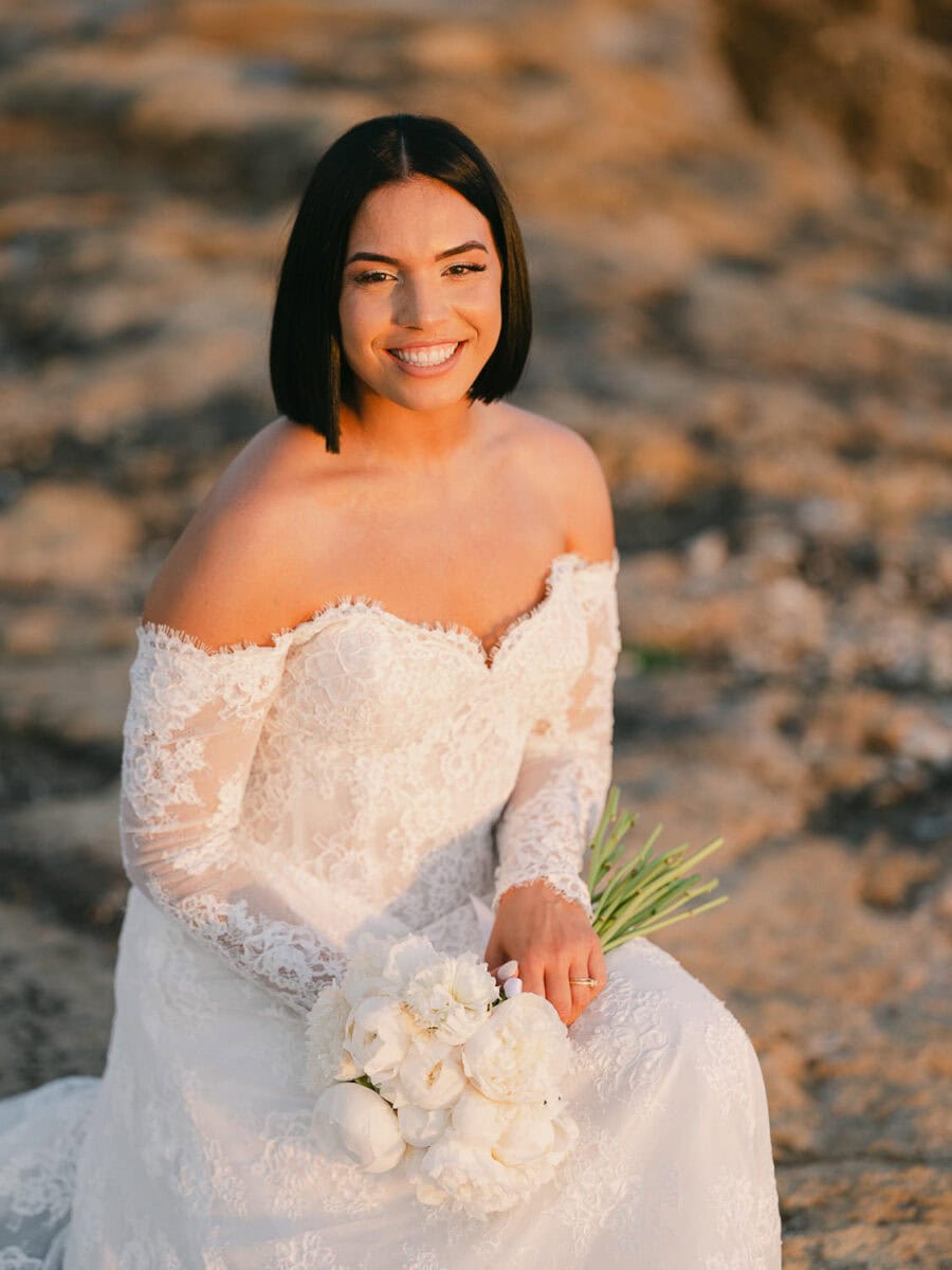 Bride portrait by the sea at sunset in Kalamata
