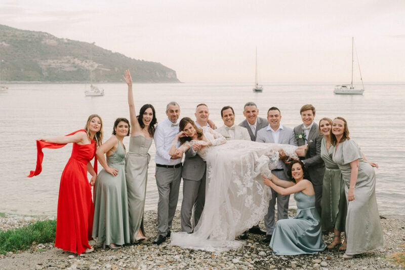 Wedding party portrait on the coast of Mani Greece